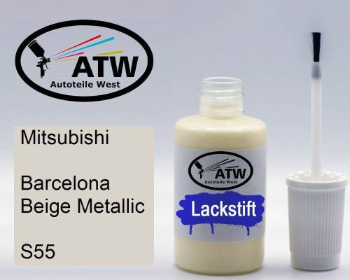 Mitsubishi, Barcelona Beige Metallic, S55: 20ml Lackstift, von ATW Autoteile West.